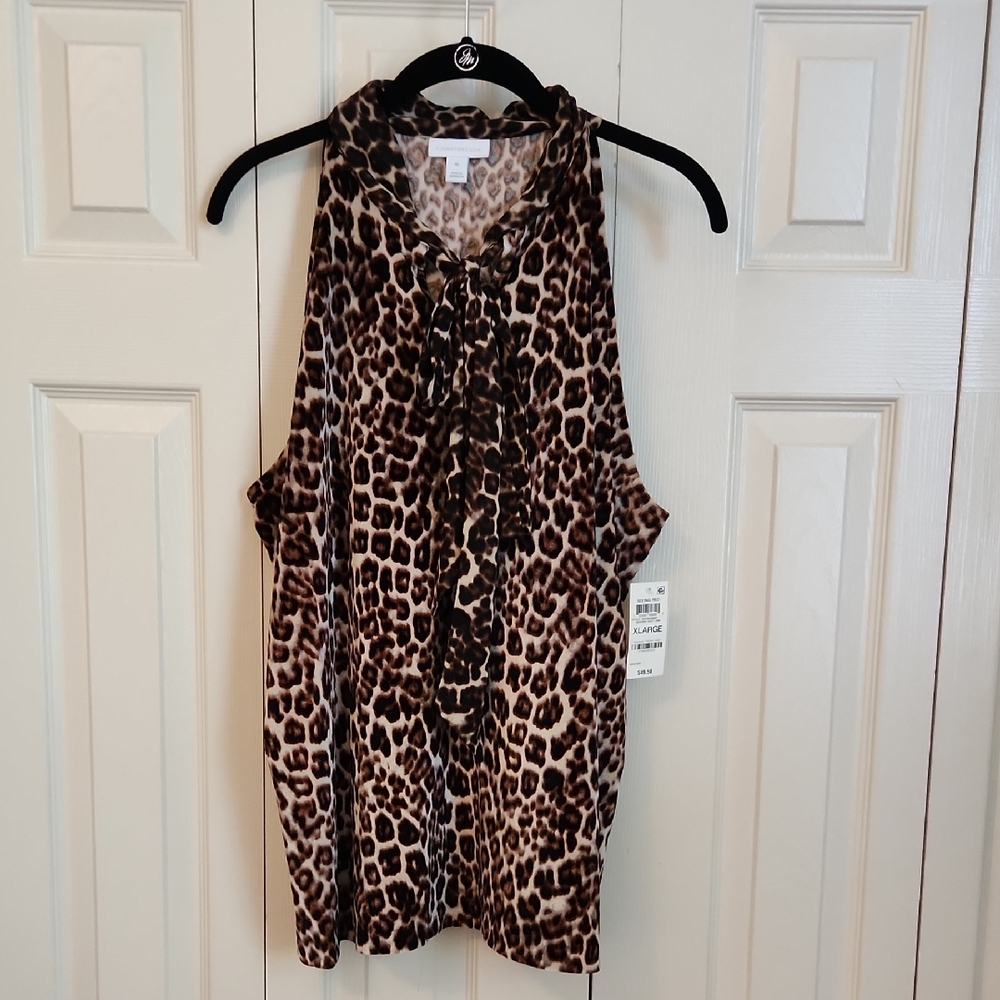 Charter Club Leopard Print Sleeveless Top With Neck Tie
